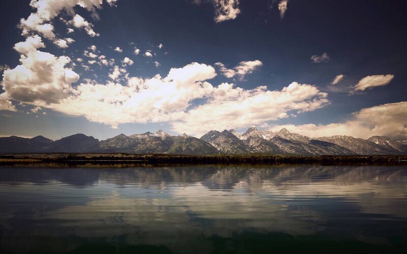 Mountain Range and Lake — Blue, Serene, Afternoon, Photograph, Clouds, Trees, Reflection