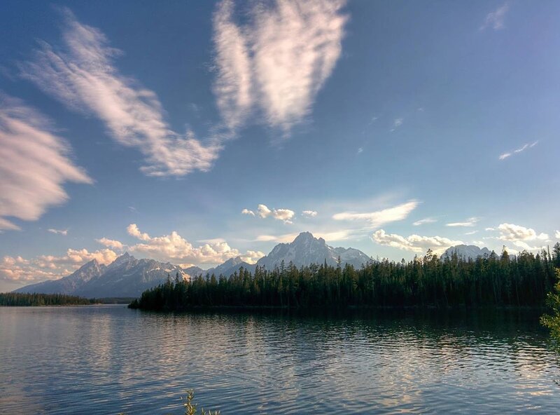 Mountain Range and Lake — Blue, Serene, Afternoon, Photograph, Trees, Clouds