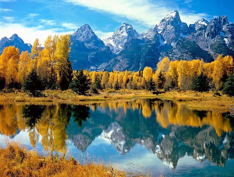 Mountain Range and Lake — Blue, Serene, Autumn, Photograph
