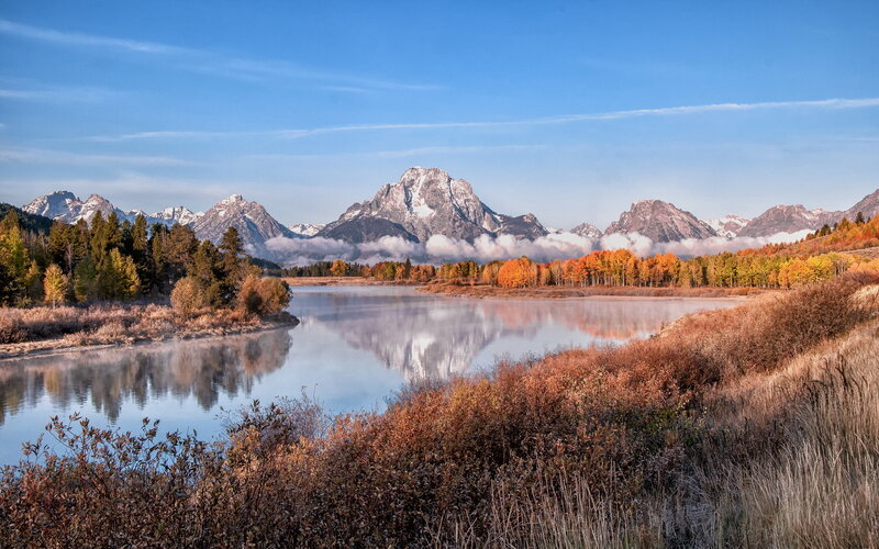 Mountain Range and Lake — Blue, Serene, Autumn, Photograph, Trees, Clouds