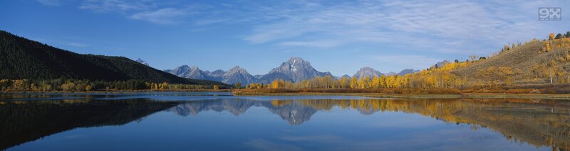 Mountain Range and Lake — Blue, Serene, Autumn, Photograph, Trees, Mountains, Sky