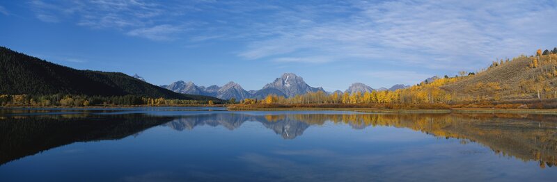 Mountain Range and Lake — Blue, Serene, Autumn, Photograph, Trees, Mountains, Yellow