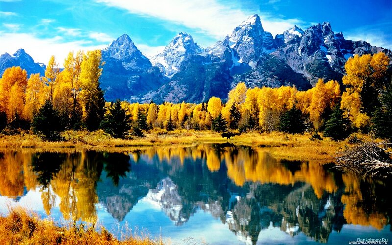 Mountain Range and Lake — Blue, Serene, Autumn, Photograph, Trees, Reflection, Snow