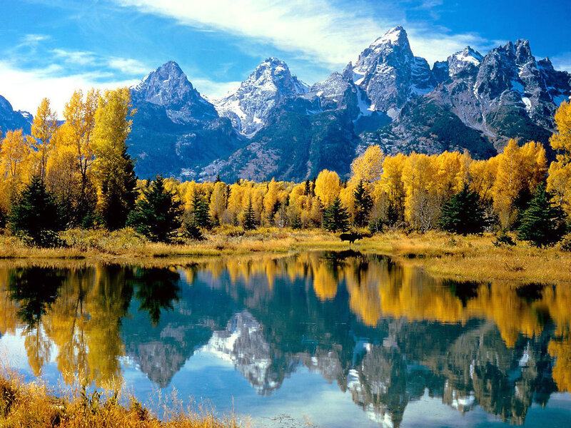 Mountain Range and Lake — Blue, Serene, Autumn, Photograph, Trees, Reflection, Snow, Yellow