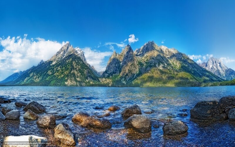 Mountain Range and Lake — Blue, Serene, Morning, Photograph, Rocks