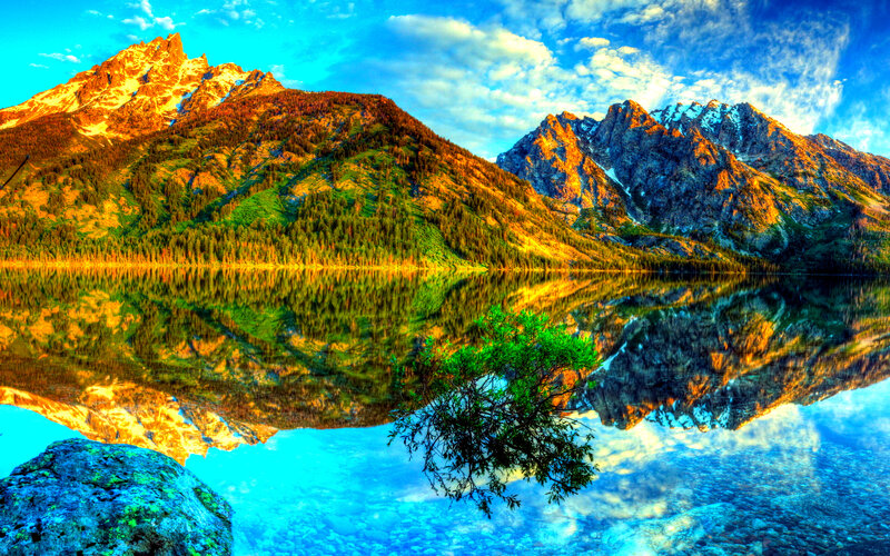 Mountain Range and Lake — Blue, Serene, Sunrise