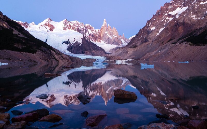 Mountain Range and Lake — Blue, Serene, Sunset, Photograph, Snow