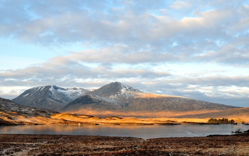 Mountain Range and Lake — Blue, Serene, Sunset, Photograph