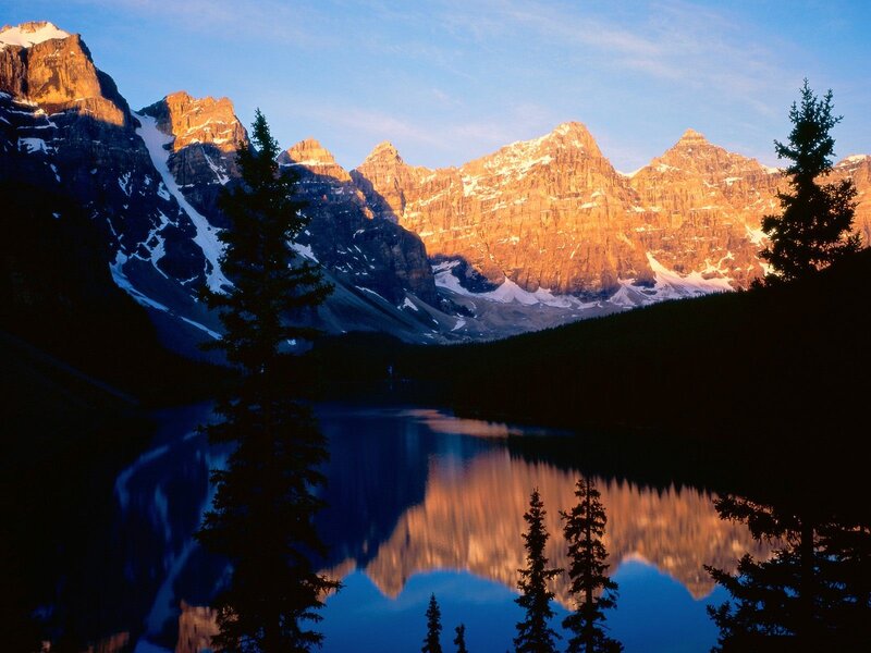 Mountain Range and Lake — Blue, Serene, Sunset, Photograph, Trees, Snow