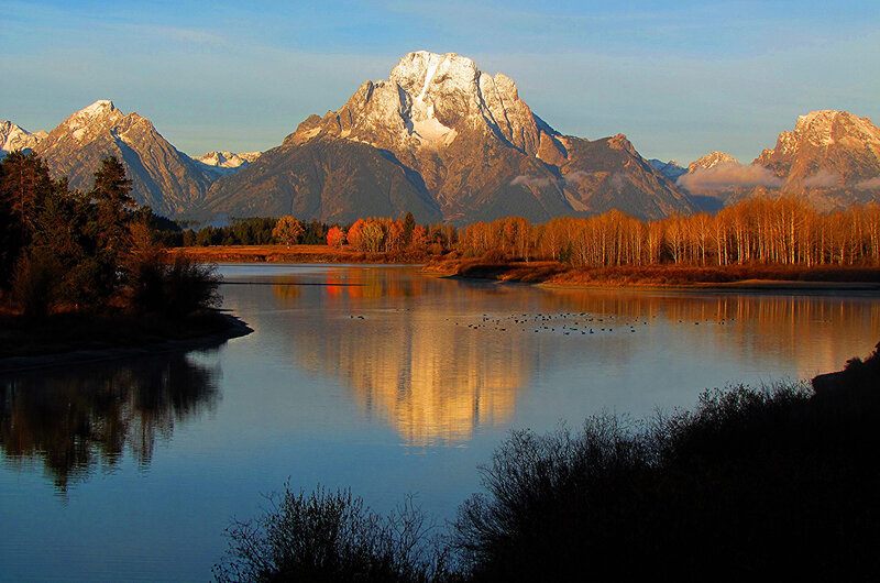 Mountain Range and Lake — Blue, Serene, Sunset, Photograph, Trees