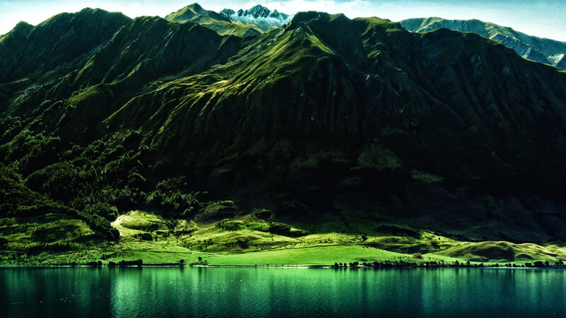 Mountain Range and Lake — Green, Dramatic