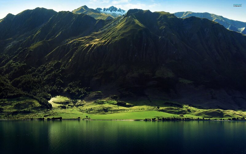 Mountain Range and Lake — Green, Serene, Morning