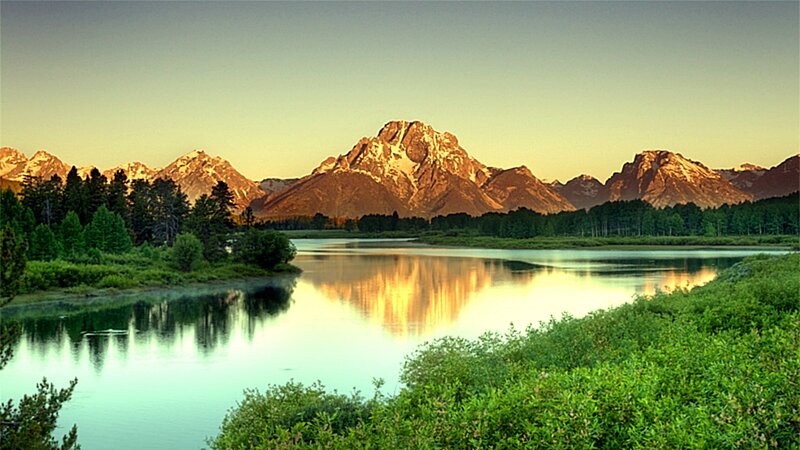 Mountain Range and Lake — Green, Serene, Sunset