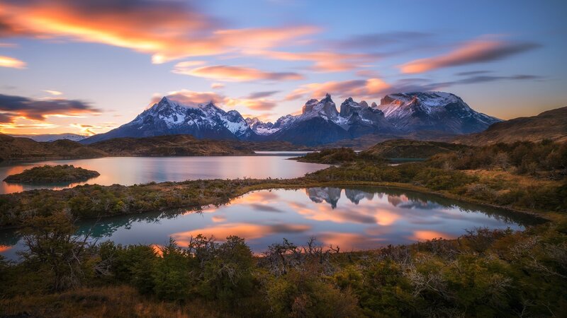 Mountain Range and Lake — Orange, Serene