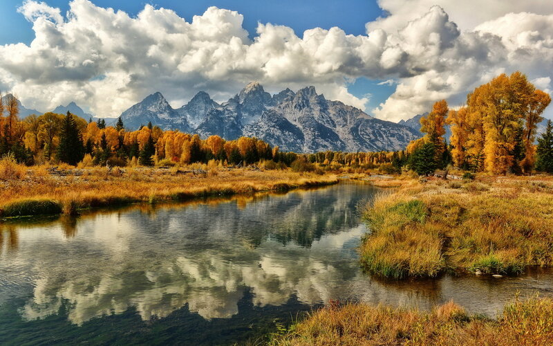 Mountain Range and River — Blue, Serene, Autumn, Photograph