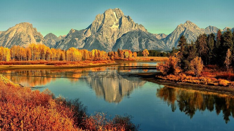Mountain Range and River — Blue, Serene, Autumn, Photograph, Trees, Forest