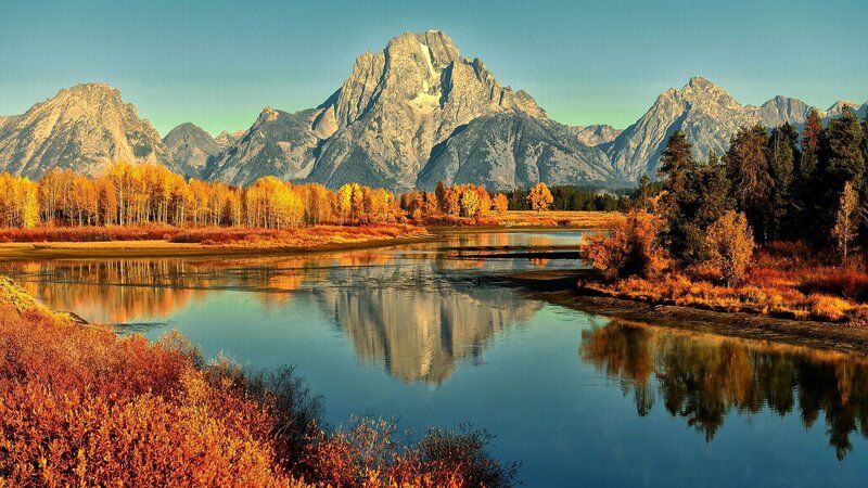 Mountain Range and River — Blue, Serene, Autumn, Photograph, Trees, Mountains