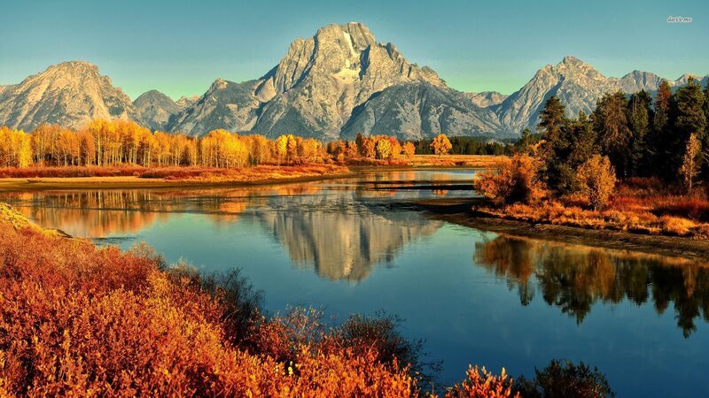 Mountain Range and River — Blue, Serene, Autumn, Photograph, Trees
