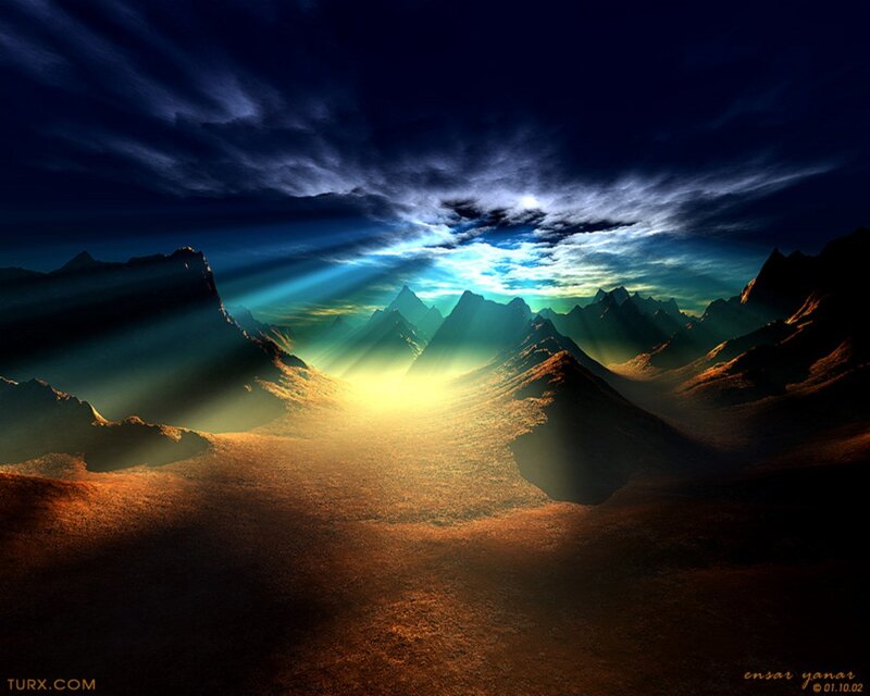 Mountain Range at Dawn — Blue, Dramatic, Sunrise, Digital Art, Mountains, Sunlight