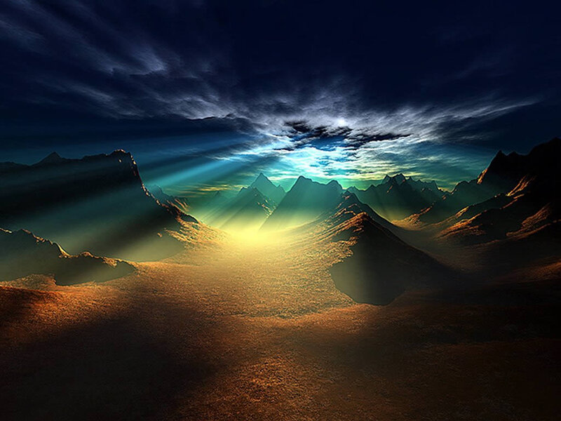 Mountain Range at Dawn — Blue, Dramatic, Sunrise, Digital Art