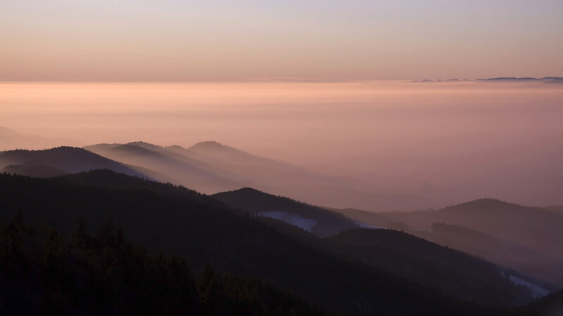 Mountain Range at Dawn — Pink, Serene, Photograph