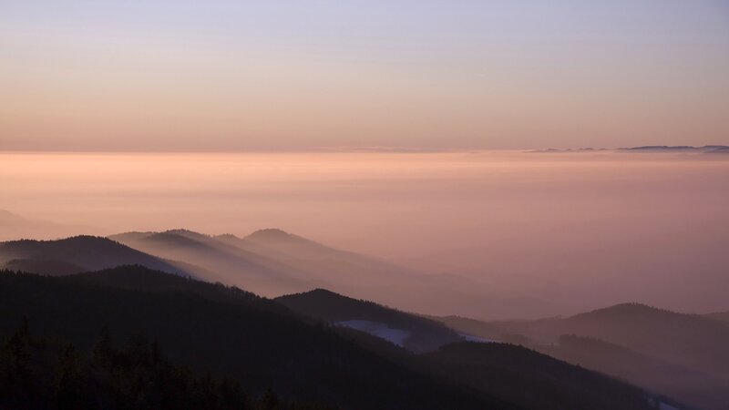 Mountain Range at Dawn — Pink, Serene, Sunrise, Photograph, Fog