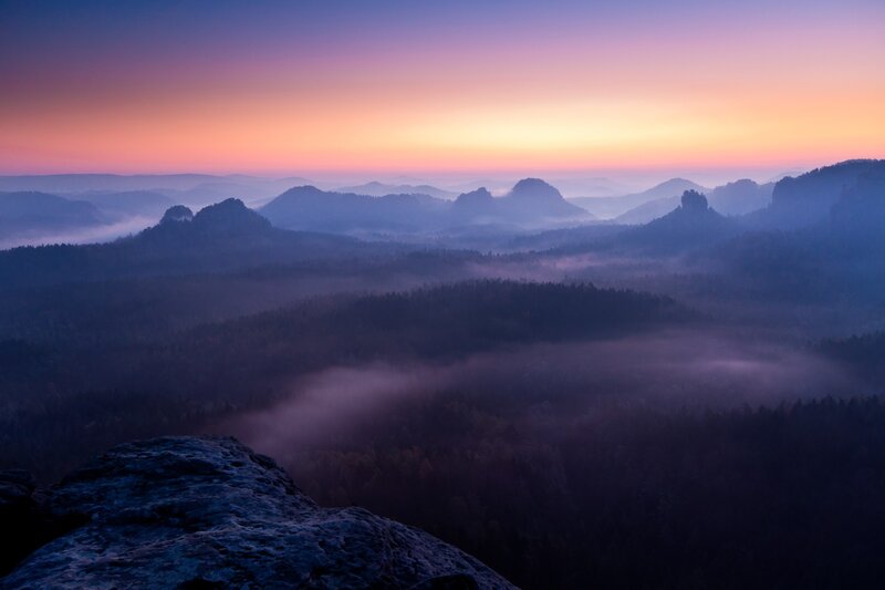 Mountain Range at Dawn — Purple, Serene, Sunrise, Photograph, Fog