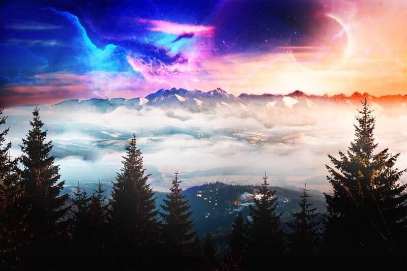 Mountain Range at Dusk — Blue, Dramatic, Night, Digital Art