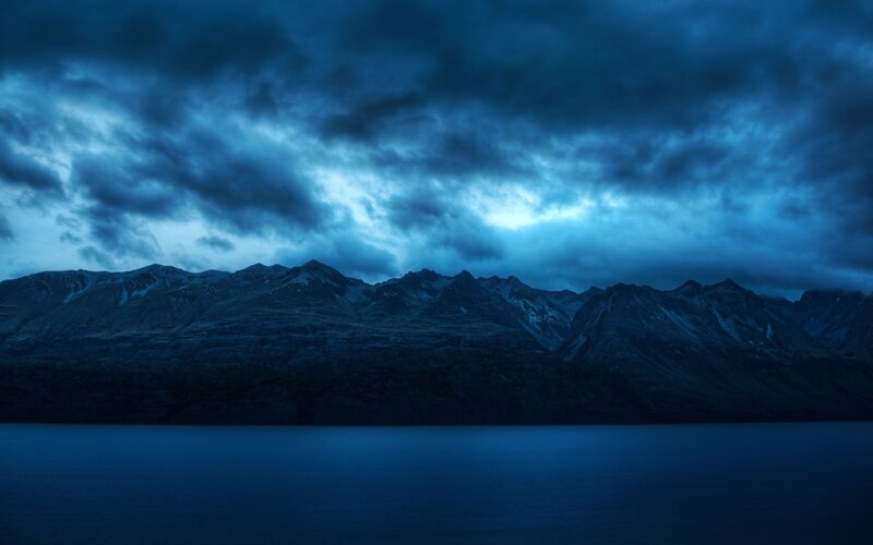 Mountain Range at Dusk — Blue, Dramatic, Night, Photograph, Clouds, Lake