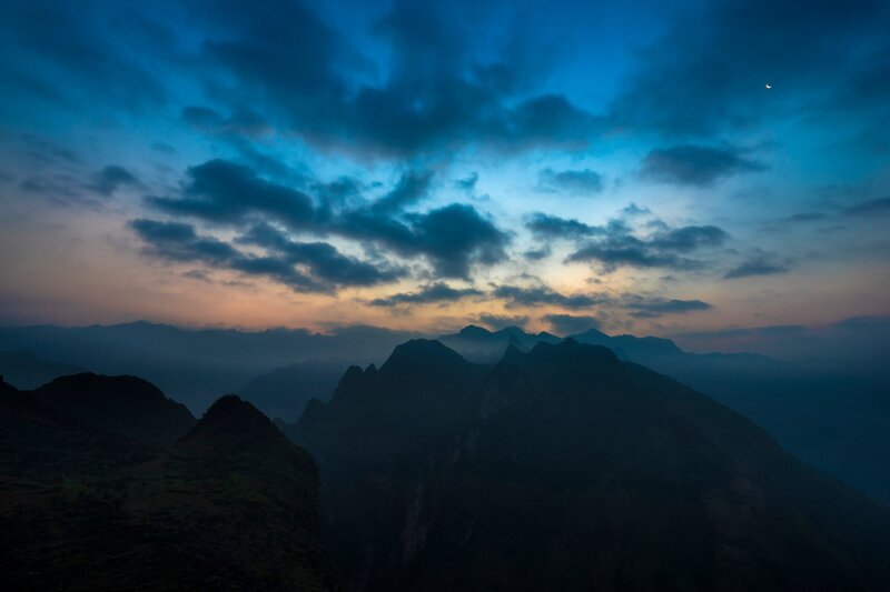 Mountain Range at Dusk — Blue, Dramatic, Night, Photograph, Clouds, Moon