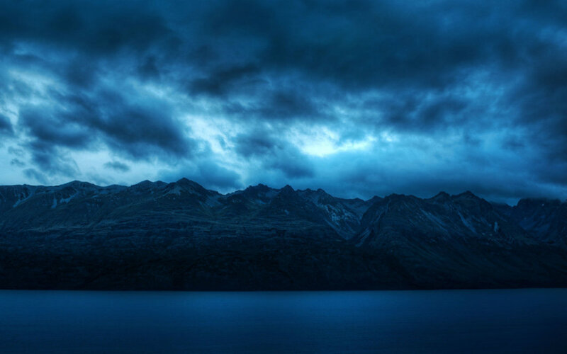 Mountain Range at Dusk — Blue, Dramatic, Night, Photograph, Clouds