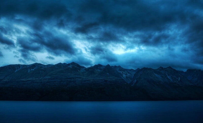 Mountain Range at Dusk — Blue, Dramatic, Night, Photograph
