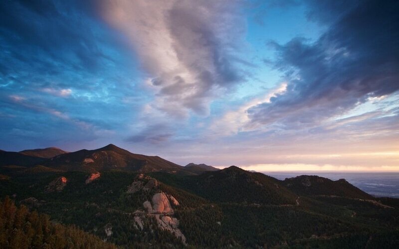 Mountain Range at Dusk — Blue, Dramatic, Sunset, Photograph, Clouds, Forests