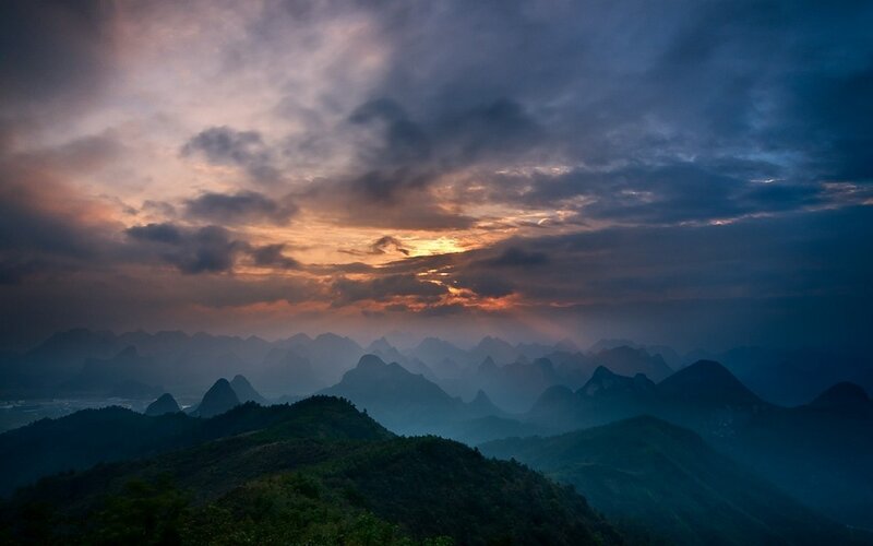 Mountain Range at Dusk — Blue, Dramatic, Sunset, Photograph, Clouds, Sky, Hills