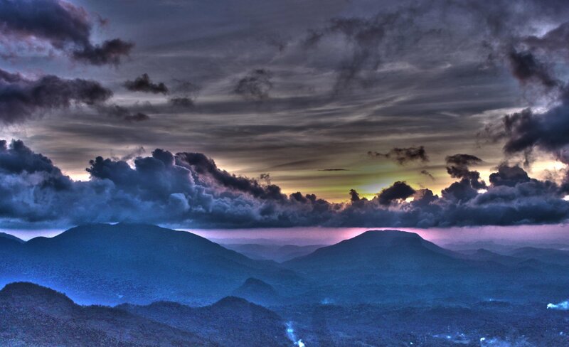 Mountain Range at Dusk — Blue, Dramatic, Sunset, Photograph, Clouds, Sky, Valley