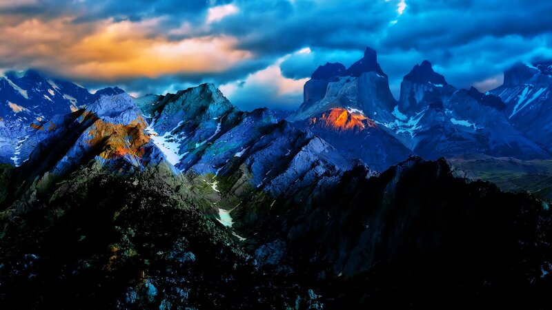 Mountain Range at Dusk — Blue, Dramatic, Sunset, Photograph, Clouds, Snow