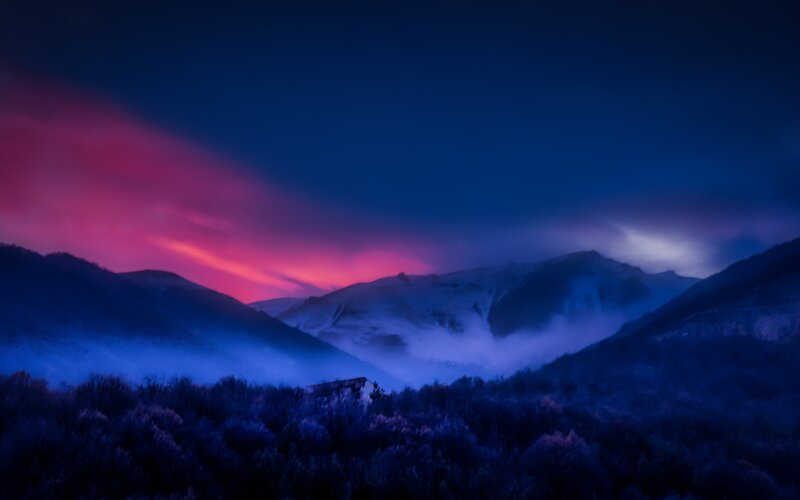 Mountain Range at Dusk — Blue, Dramatic, Sunset, Photograph, Fog