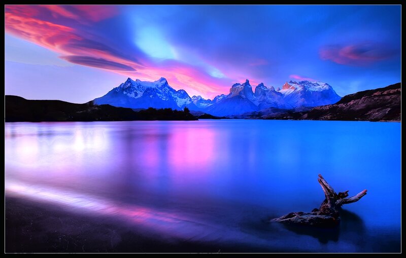 Mountain Range at Dusk — Blue, Dramatic, Sunset, Photograph, Lake