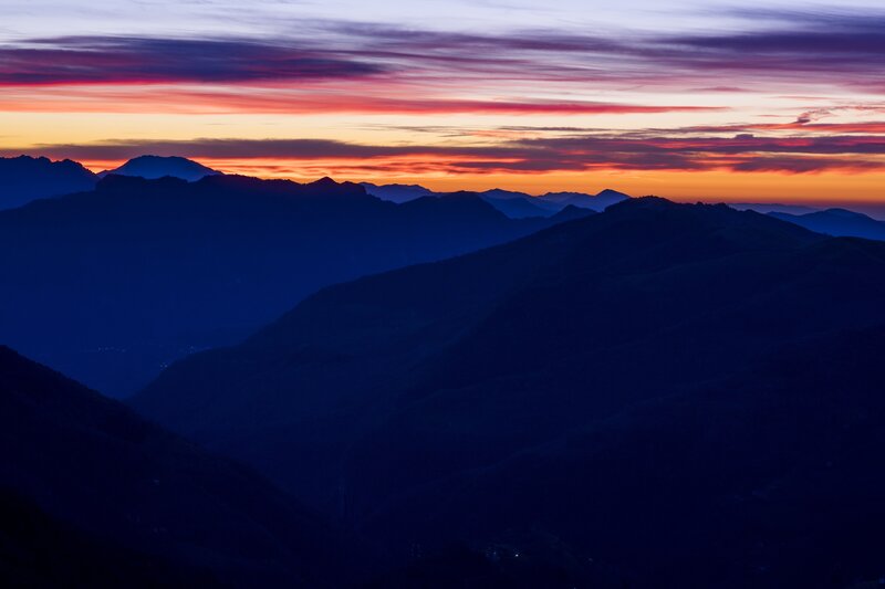 Mountain Range at Dusk — Blue, Dramatic, Sunset, Photograph, Sky