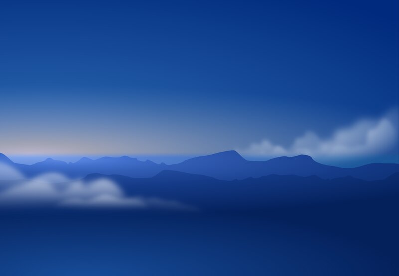 Mountain Range at Dusk — Blue, Serene, Night, Digital Art, Clouds