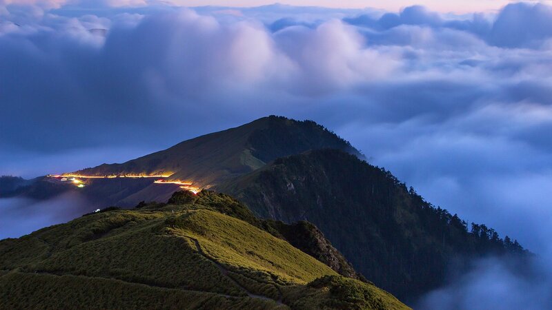 Mountain Range at Dusk — Blue, Serene, Night, Photograph, Clouds