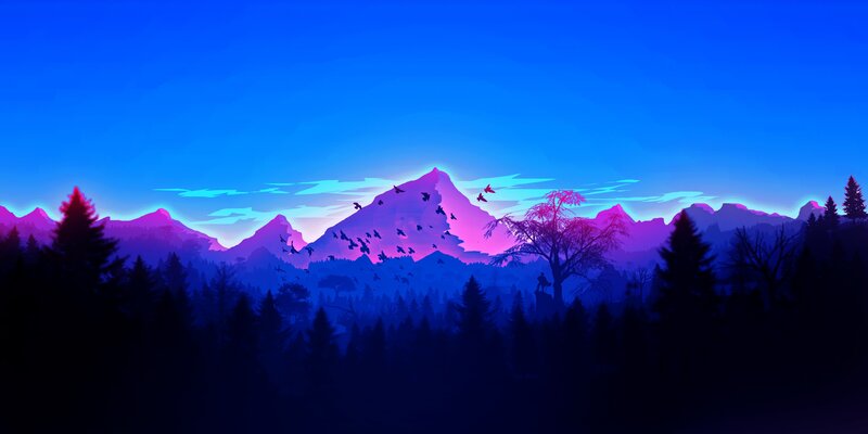Mountain Range at Dusk — Blue, Serene, Sunset, Digital Art, Forest