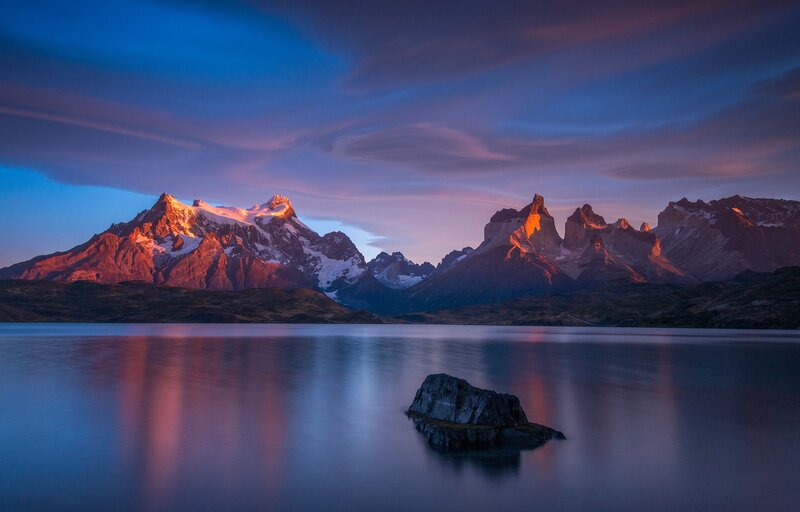 Mountain Range at Dusk — Blue, Serene, Sunset, Photograph, Lake