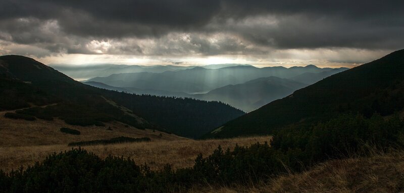 Mountain Range at Dusk — Gray, Dramatic