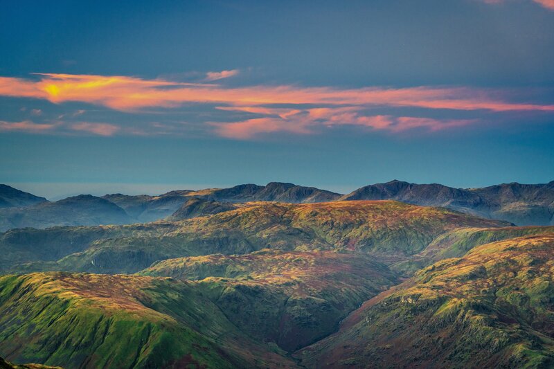Mountain Range at Dusk — Green, Dramatic, Sunset, Photograph, Sky