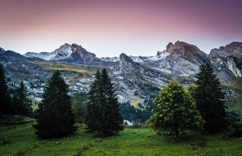 Mountain Range at Dusk — Green, Serene, Sunset
