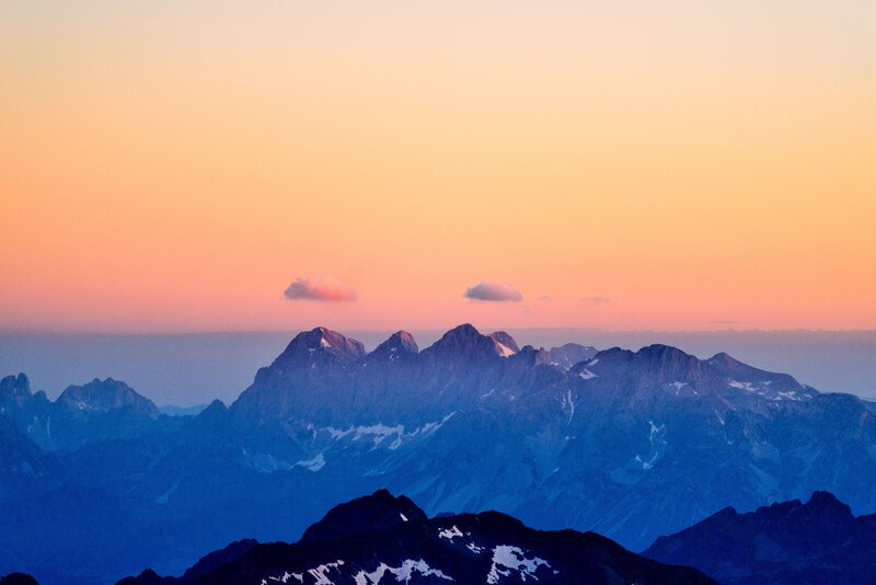 Mountain Range at Dusk — Orange, Serene, Sunset, Photograph