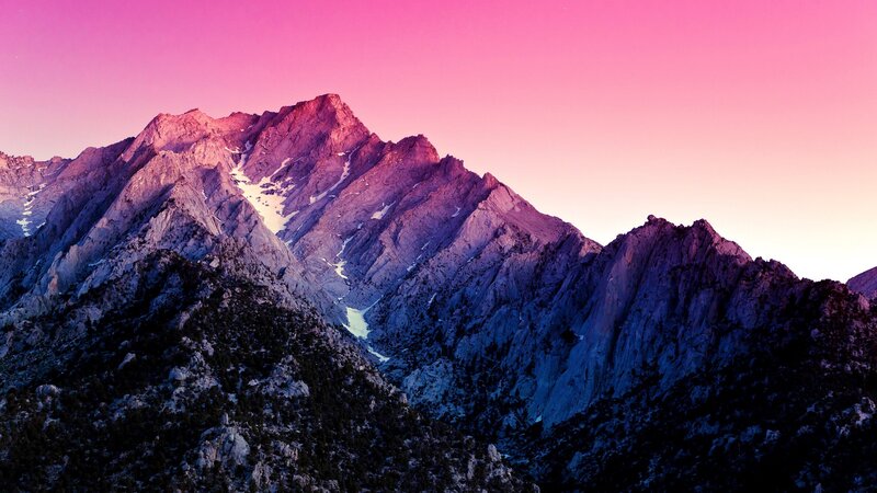 Mountain Range at Dusk — Pink, Dramatic, Sunset, Photograph, Sky, Snow, Trees