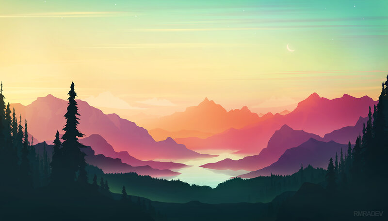 Mountain Range at Dusk — Pink, Serene, Sunset, Digital Art, Trees