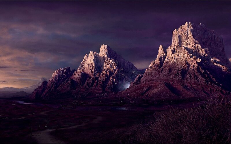 Mountain Range at Dusk — Purple, Dramatic, Night, Digital Art, Mountains, Sky